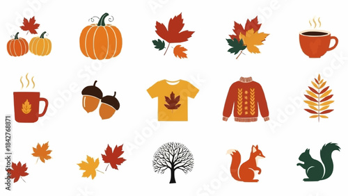 Autumn season flat design elements set with pumpkins, leaves, acorns, sweaters, and squirrels.