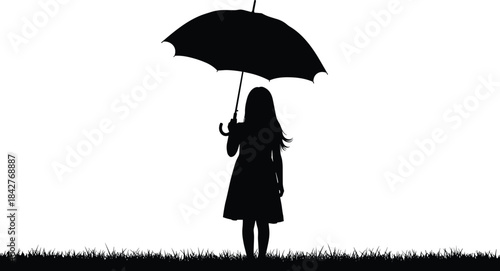 Silhouette of young girl standing with umbrella on grass expressing childhood innocence protection weather concept calm outdoor scene simple minimal design