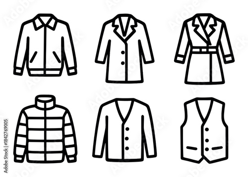 Collection of outerwear icons featuring jackets and coats