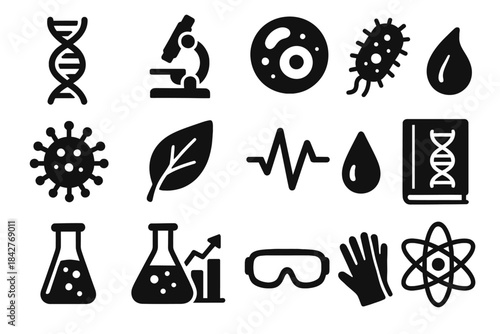 Set of scientific and laboratory icons including dna, microscope, bacteria, and atom symbols