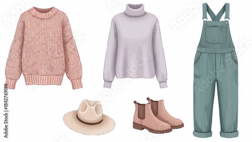 Cozy Autumn Fashion Collection with Sweaters Overalls and Boots.