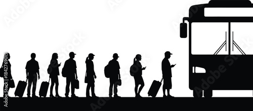 Travelers waiting in line for bus, people with luggage standing in queue, transportation concept silhouette, passenger boarding scene, commuting illustration