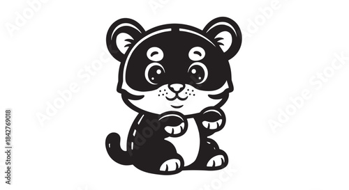 Cute black and white panda cub cartoon illustration sitting calmly with a curious expression.
