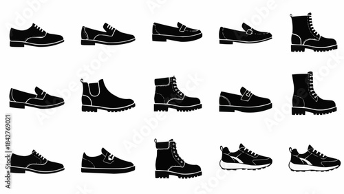 Collection of Black Shoe Silhouettes for Fashion and Footwear Design.