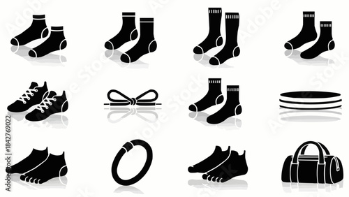 Collection of black and white icons representing various sports and clothing accessories.