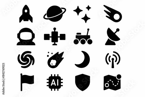 Space exploration icons: rockets, planets, satellites, and spacecraft discoveries.