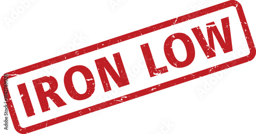 Distressed Red Iron Low Rubber Stamp on White Background, Angled Indication of Shortage