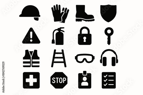 Safety equipment icons: helmet, gloves, boots, shield, caution, fire extinguisher, lock, key, vest, ladder, goggles, headphones, first aid, stop, id card, checklist.