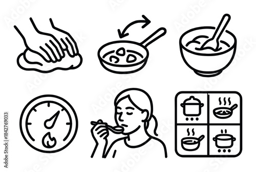 Cooking process icons: kneading, stirring, tasting, timer, pot