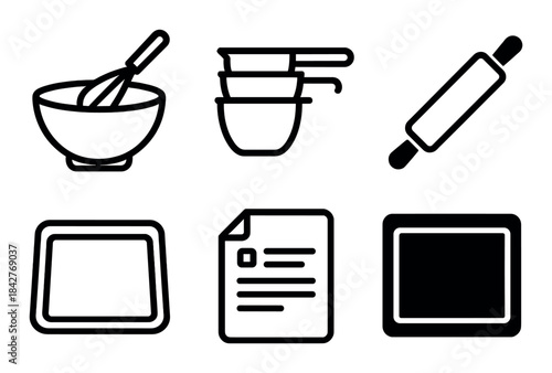 Black and white baking icons set with bowls, rolling pin, and baking tray