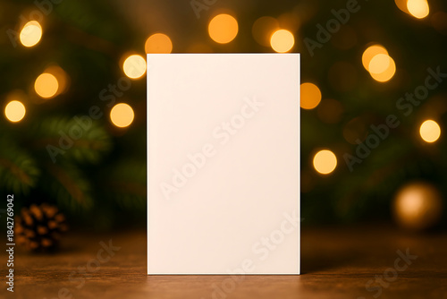Minimalist vertical card mockup on a festive holiday background with a tree silhouette and warm bokeh lights, creating a cozy seasonal mood for greeting and invitation designs