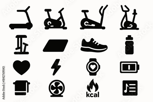 Fitness equipment icon set featuring treadmill, exercise bike, heart, and energy symbols.