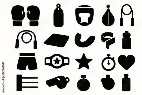 Boxing equipment icons set: gloves, punching bag, jump rope, headgear, stopwatch.