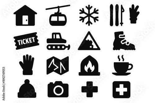 Winter sports icons: skiing, snowboarding, and mountain adventure symbols.