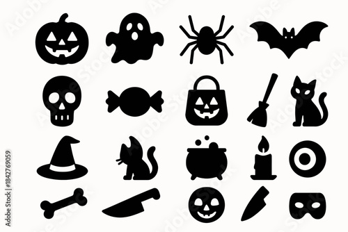 Halloween icon set: spooky symbols including pumpkin, ghost, and witch hat.