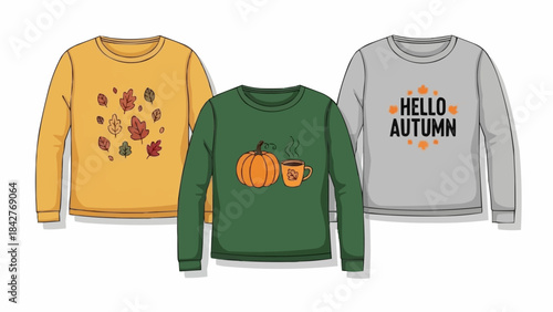 Autumn-themed long-sleeve shirts with fall leaves, pumpkin, and Hello Autumn designs.