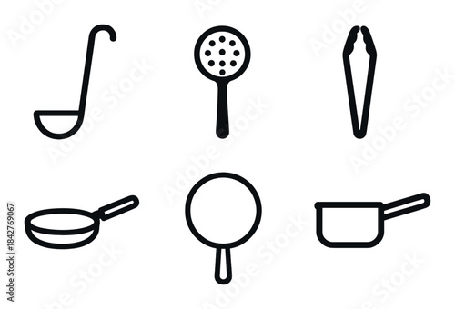 Silhouettes of cooking utensils: ladle, skimmer, tongs, pan, frying pan, saucepan