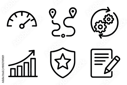 Black icons: speed, navigation, settings, growth, security, document