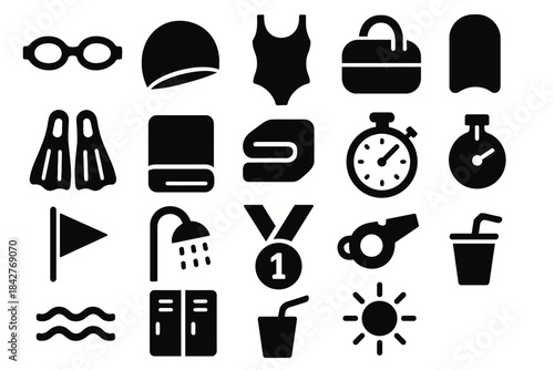 Collection of swimming icons: goggles, flippers, medals, and more.