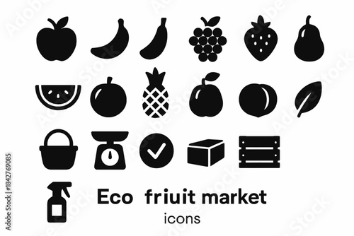 Eco fruit market icons featuring various fresh produce and market tools.