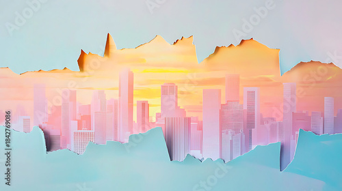 Ripped paper revealing a minimalistic skyline of modern buildings