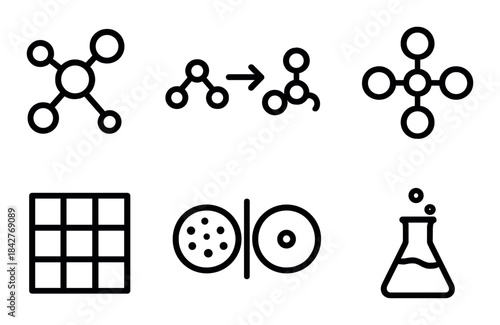 Chemical and scientific icons: molecules, reactions, and laboratory equipment