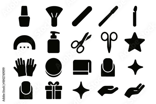 Cosmetic icons set: nail polish, brush, scissors, star, gift, hand, glow.