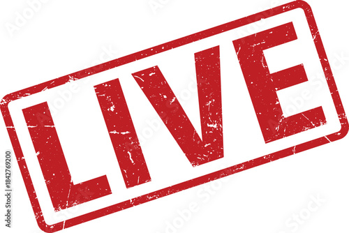 Distressed Red LIVE Rubber Stamp Impression on White Background, Slanted Perspective