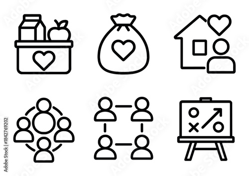 Community service icons: food donation, social connections, strategic planning