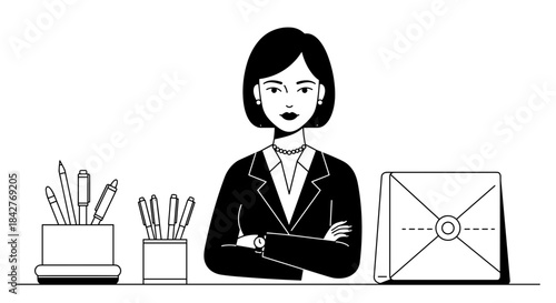 confident corporate woman at desk with stationery and laptop for business blogs, hr articles, and professional office life content