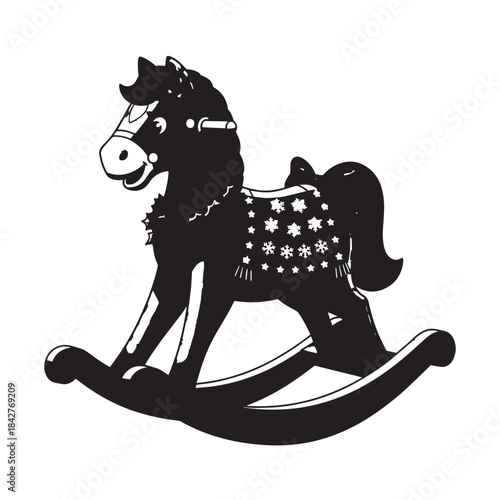 Vintage black rocking horse silhouette with stars for nursery decor and playful children's toy.