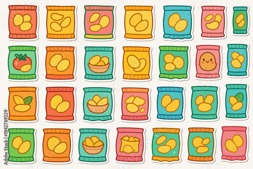 Colorful assortment of cartoon potato chip bags in various designs and colors.