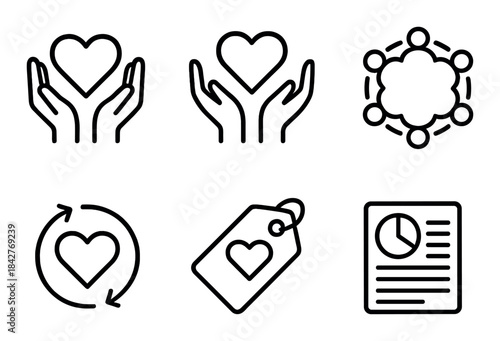 Heart icons for community, care, and commerce with recycling and data analysis symbols