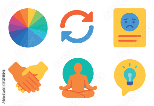 Bright neon icons featuring color wheel, refresh, sad face, handshake, meditation, and light bulb