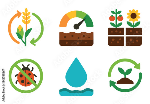Eco-friendly farming icons highlight soil health, water conservation, pest control