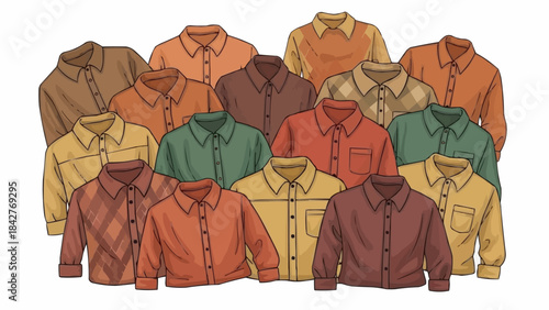 Collection of Mens Long Sleeve Button Down Shirts in Various Earth Tones.