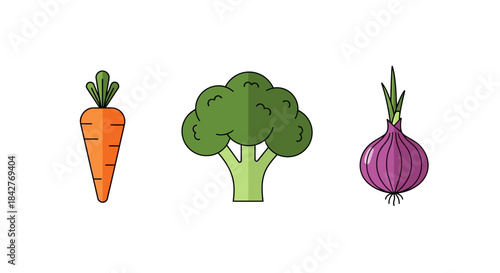 Vibrant Vegetable Medley - Carrot, Broccoli, and Red Onion Illustration.