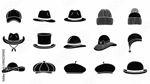 Collection of diverse hat styles in black silhouette.