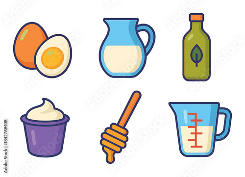 Colorful icons of eggs, milk, olive oil, cream, honey, and measuring cup
