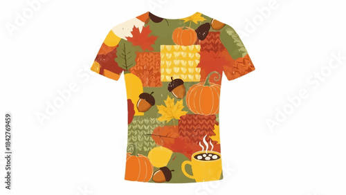 Autumn-themed T-shirt with a vibrant patchwork design featuring fall leaves, pumpkins, acorns, and a steaming mug.