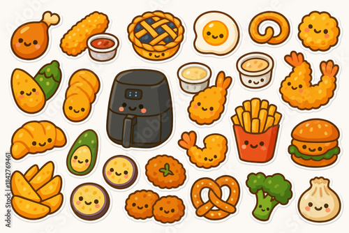 Cute kawaii food stickers featuring air fryer and snacks with smiling faces.