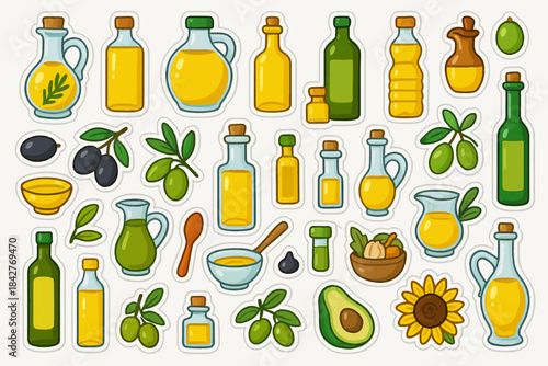Colorful collection of oil bottles, olives, and avocados on white background.