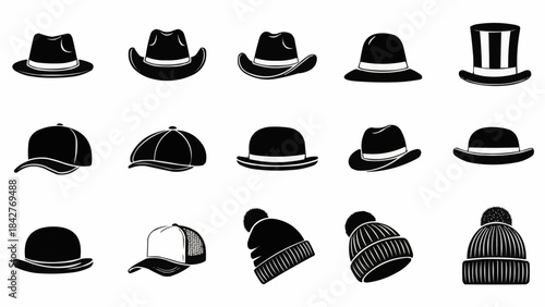 Diverse Collection of Black and White Hat Silhouettes Representing Various Styles and Eras.