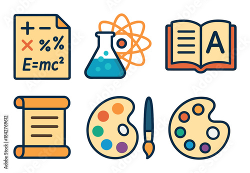 Educational icons: mathematics, chemistry, language, art themes