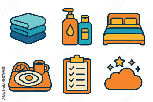 Hospitality icons: bed, breakfast, towels, toiletries, checklist, stars, clouds