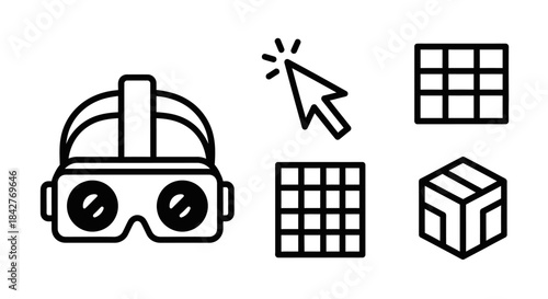 Virtual reality and 3D design icon set featuring a headset, cursor, grids, and cube in a clean line art style.