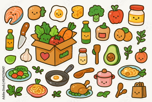 Cute kawaii style food stickers including vegetables, fruits, and kitchenware.