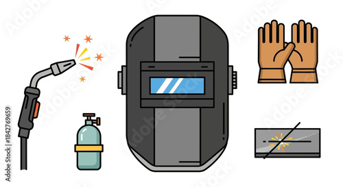 Welding Equipment Set - Mask, Gloves, Torch, Gas Tank, and Metal Plate Illustration.