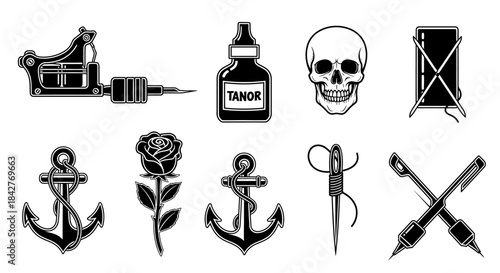 Vintage tattoo art collection - machine, ink bottle, skull, anchors, rose, needle, and thread spool icons.