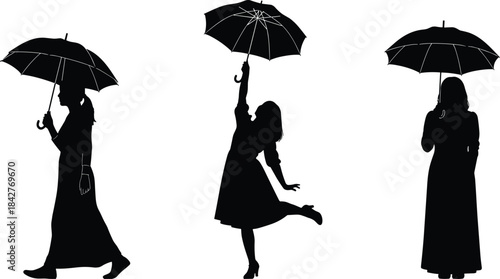 Women holding umbrellas in various poses silhouette scene showing elegance movement weather protection concept artistic illustration of feminine expression